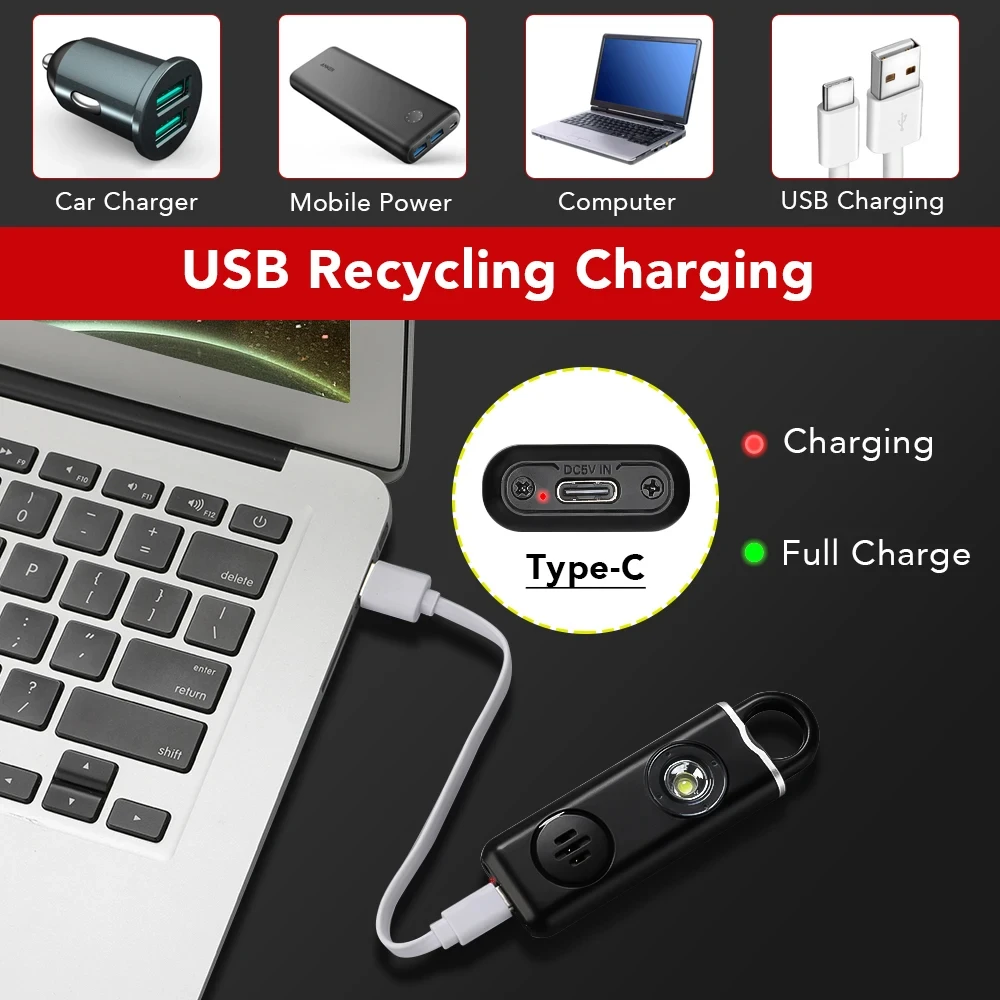 130dB Personal Defense Alarm Rechargeable Self Defense Woman Safety With LED Light Alarm Key Chain Emergency Anti-Attack thumbnail 3
