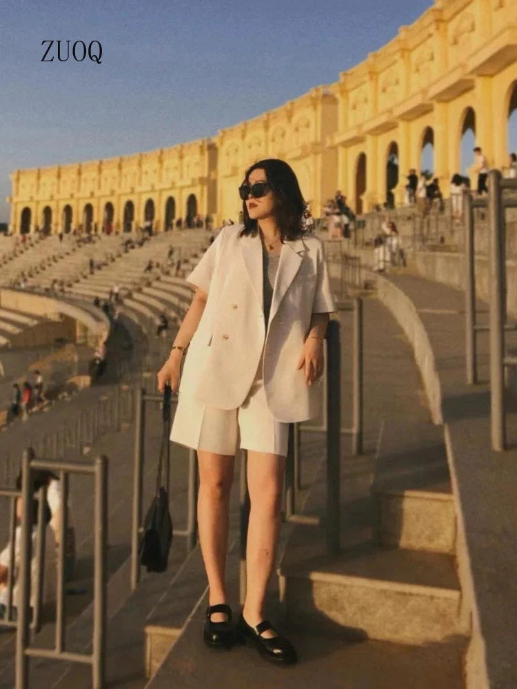 2025 Korean Loose 2 Pieces Women's Short Set with Blazer Summer Short-sleeved Blazers + Shorts Casual Office Ladies Suits Woman