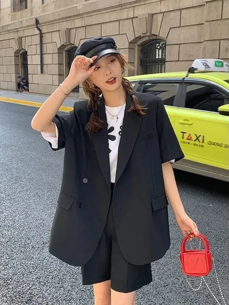 2025 Korean Loose 2 Pieces Women's Short Set with Blazer Summer Short-sleeved Blazers + Shorts Casual Office Ladies Suits Woman thumbnail 2