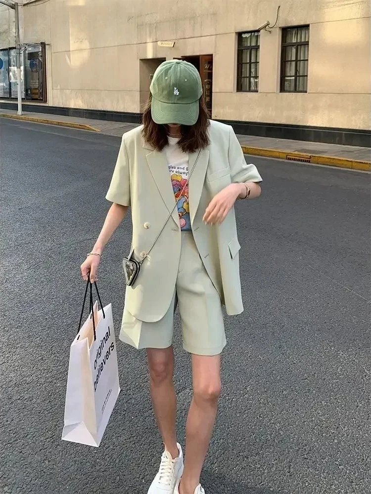 2025 Korean Loose 2 Pieces Women's Short Set with Blazer Summer Short-sleeved Blazers + Shorts Casual Office Ladies Suits Woman thumbnail 5