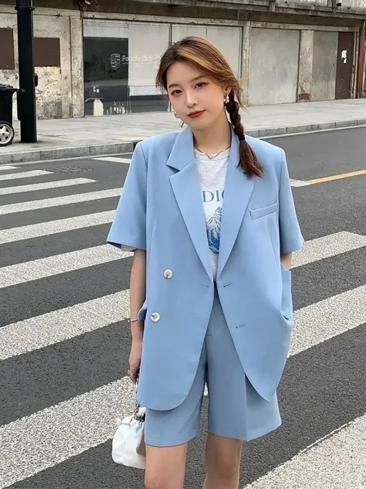 2025 Korean Loose 2 Pieces Women's Short Set with Blazer Summer Short-sleeved Blazers + Shorts Casual Office Ladies Suits Woman thumbnail 4