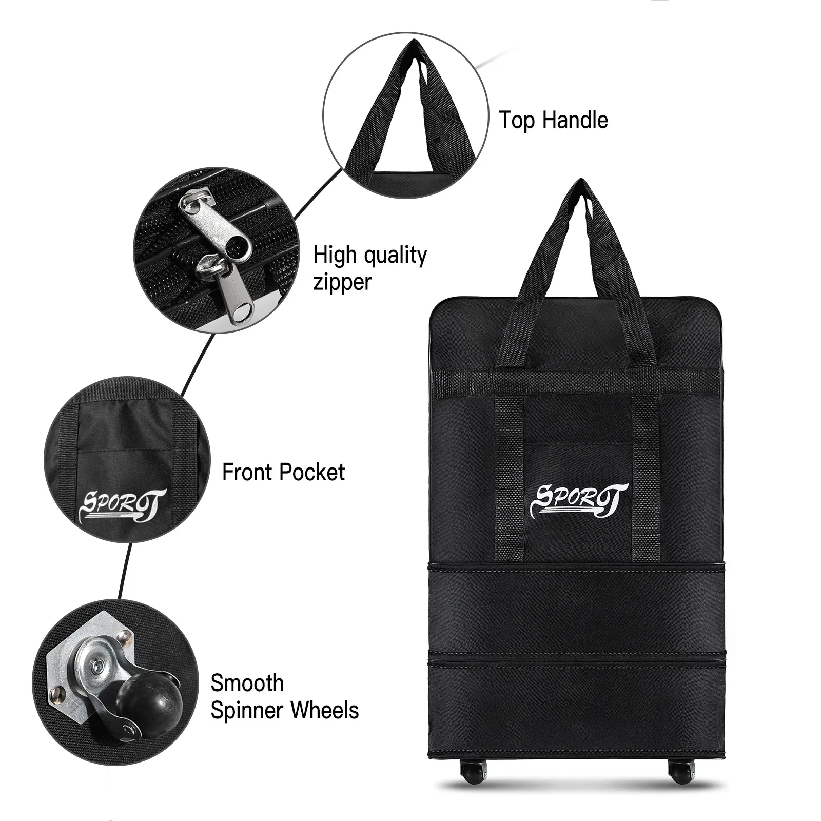 Travelling Pack Wheels For Women Men Expandable Foldable Trolley Luggage Versatile Black Suitcase For Weekend Trip overnight bag thumbnail 4