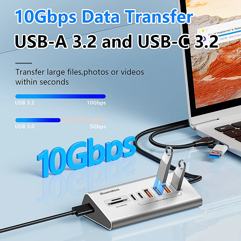 Blueendless Aluminium USB3.2 Gen2 10Gbps HUB with TF/SD Card Reader USB-C/USB A Hub 5-In-1 8 in 1 for PC Computer Laptop macbook thumbnail 3