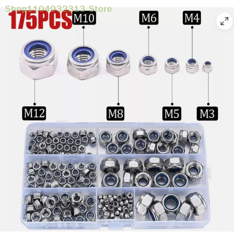 175pcs Hex Nylon Insert Self-Locking Nuts Nylock Locknut Assortment Kit M3-M12 Sizes Stainless Steel for DIY Projects thumbnail 2