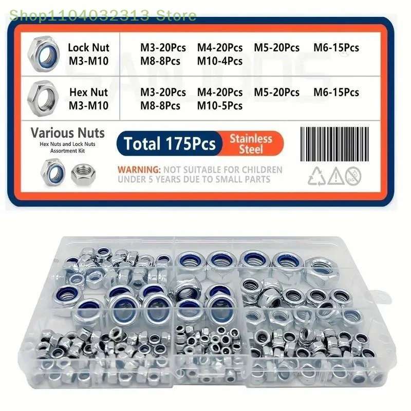 175pcs Hex Nylon Insert Self-Locking Nuts Nylock Locknut Assortment Kit M3-M12 Sizes Stainless Steel for DIY Projects thumbnail 3