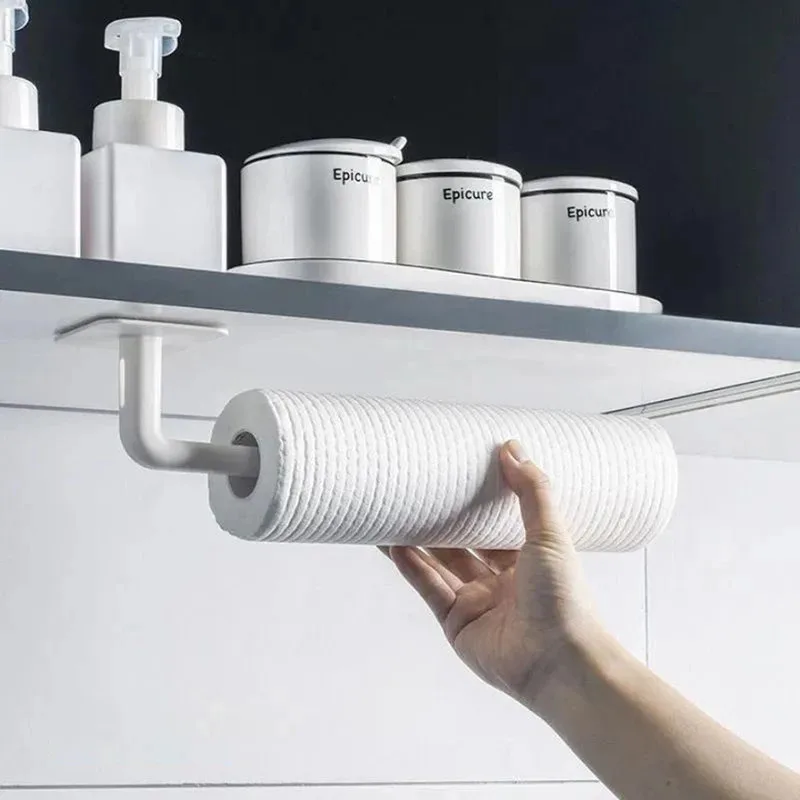 2Pcs No Hole Multifunctional Hooks Lazy Rag Hangers Kitchen Wall Mounted Paper Towel Organiser
