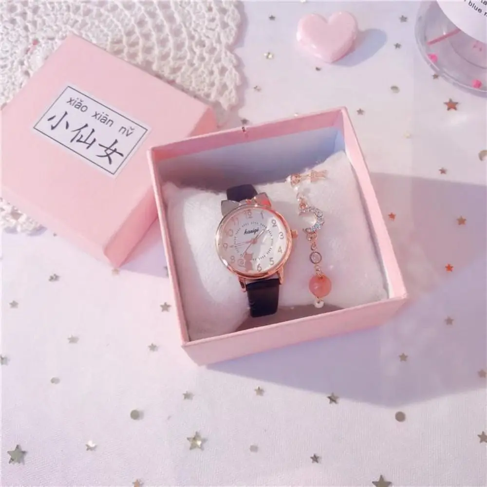 High Quality Quartz Clock Watch Bracelet Set Cat Ear Leather Watchband Quartz Watch Cute Casual Bracelet thumbnail 6