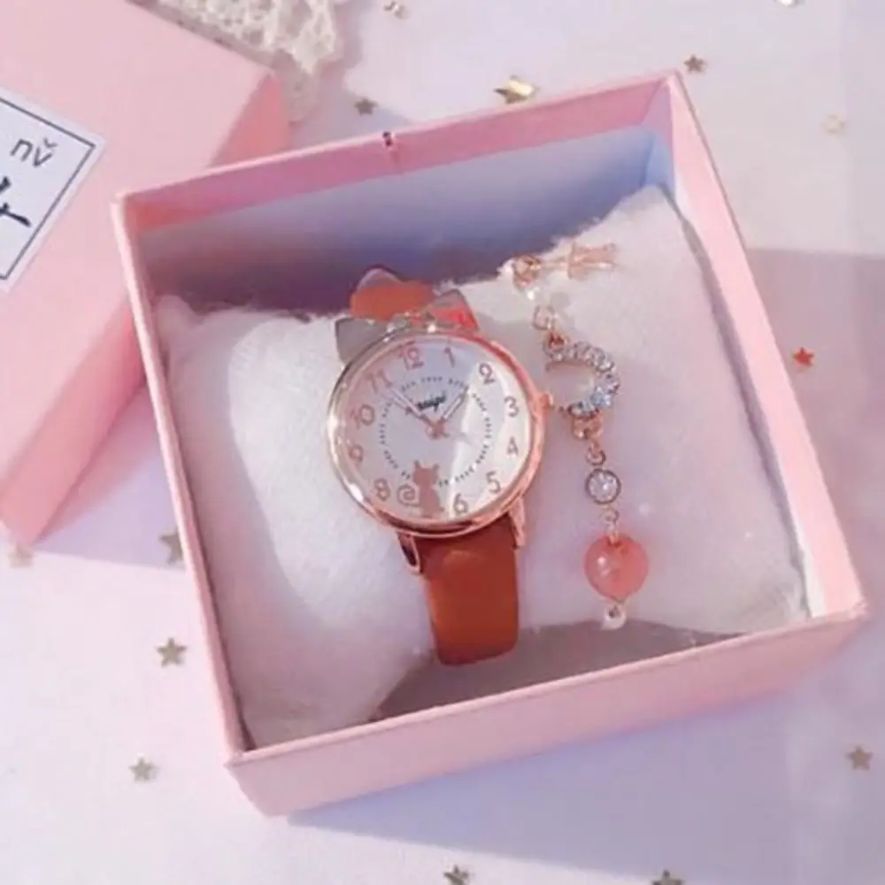 High Quality Quartz Clock Watch Bracelet Set Cat Ear Leather Watchband Quartz Watch Cute Casual Bracelet thumbnail 5