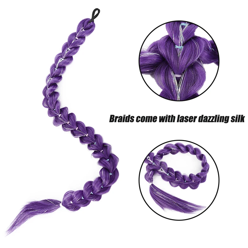 Purple kpop witch hunting group  cosplay anime wig with the same headband golden thread ponytail wig braid thumbnail 5