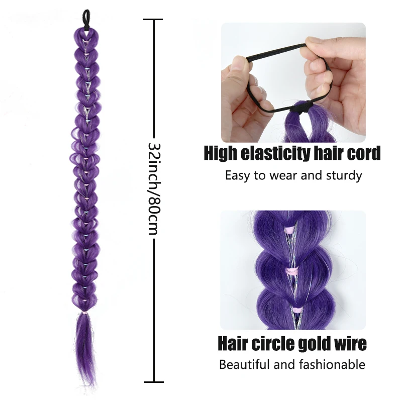 Purple kpop witch hunting group  cosplay anime wig with the same headband golden thread ponytail wig braid thumbnail 3