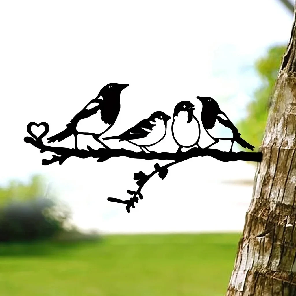 1pc Metal Four Birds On Branch Steel Silhouette Metal Wall Art Home Garden Yard Patio Outdoor Statue Stake Decoration Perfect