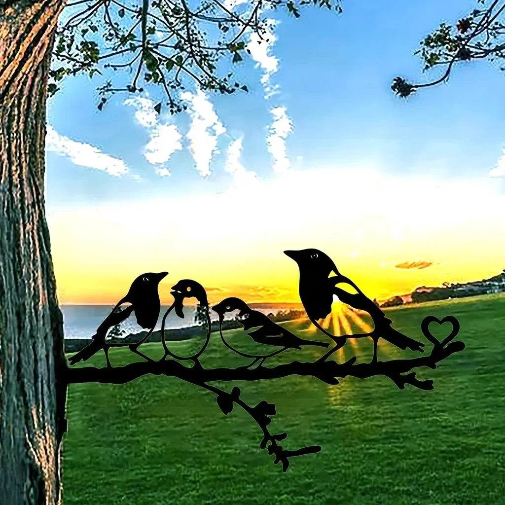 1pc Metal Four Birds On Branch Steel Silhouette Metal Wall Art Home Garden Yard Patio Outdoor Statue Stake Decoration Perfect thumbnail 3