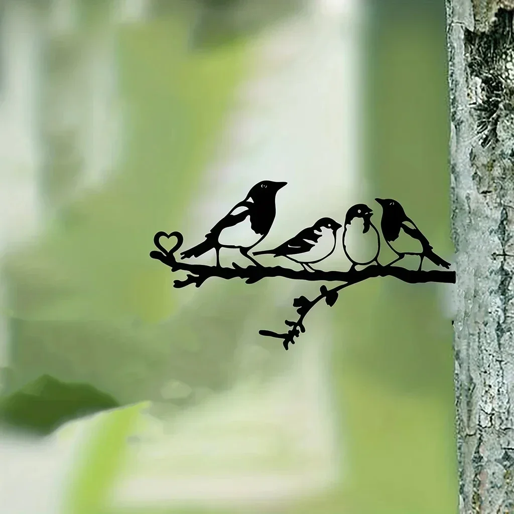 1pc Metal Four Birds On Branch Steel Silhouette Metal Wall Art Home Garden Yard Patio Outdoor Statue Stake Decoration Perfect thumbnail 5