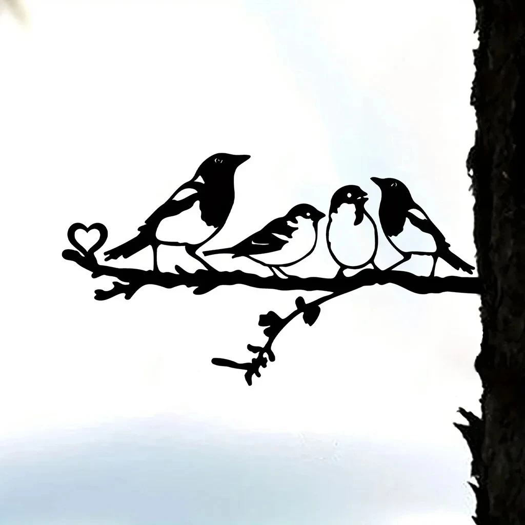 1pc Metal Four Birds On Branch Steel Silhouette Metal Wall Art Home Garden Yard Patio Outdoor Statue Stake Decoration Perfect thumbnail 4