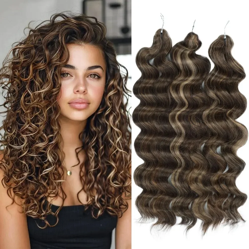 Gladys 300G 3PCS Ombre Brown 26 Inch Deep Wave Twist Crochet Hair 65cm Synthetic Hair Highlight Color Braiding Hair Extensions