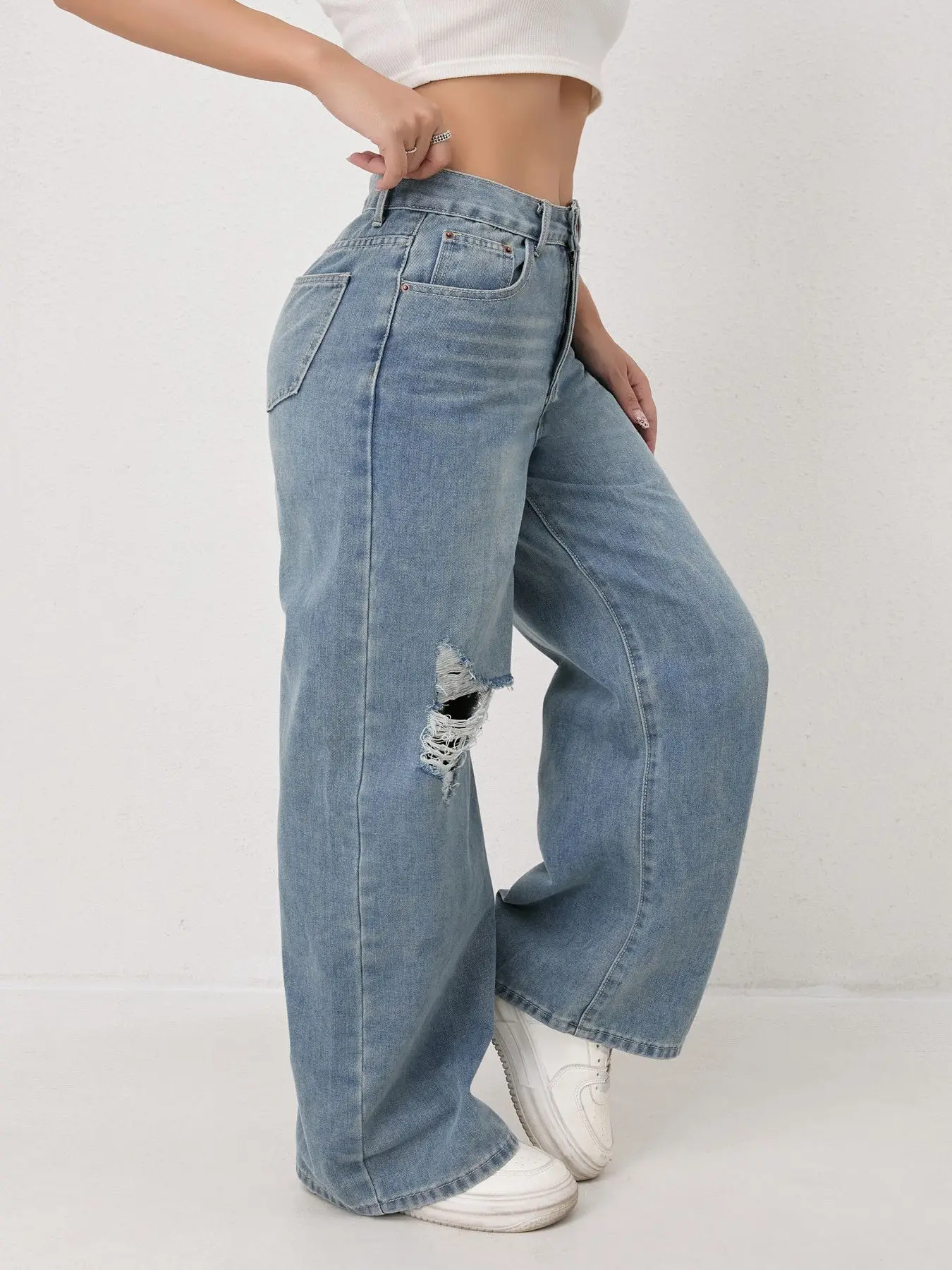European and N Style Loose Leg Straight-leg Jeans with Holes Women Comfortable Fashion All-matching Trend Jeans thumbnail 2