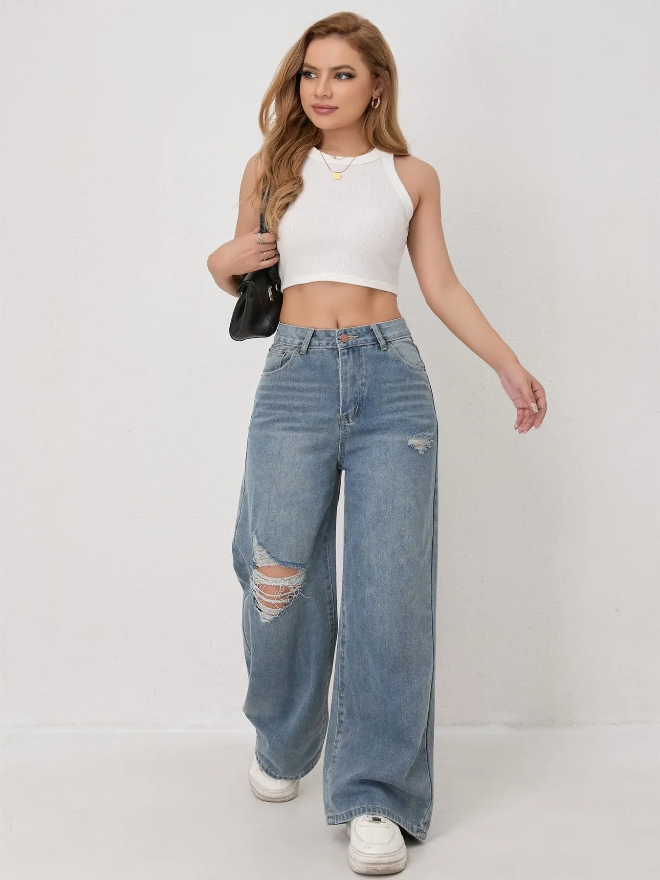 European and N Style Loose Leg Straight-leg Jeans with Holes Women Comfortable Fashion All-matching Trend Jeans thumbnail 4