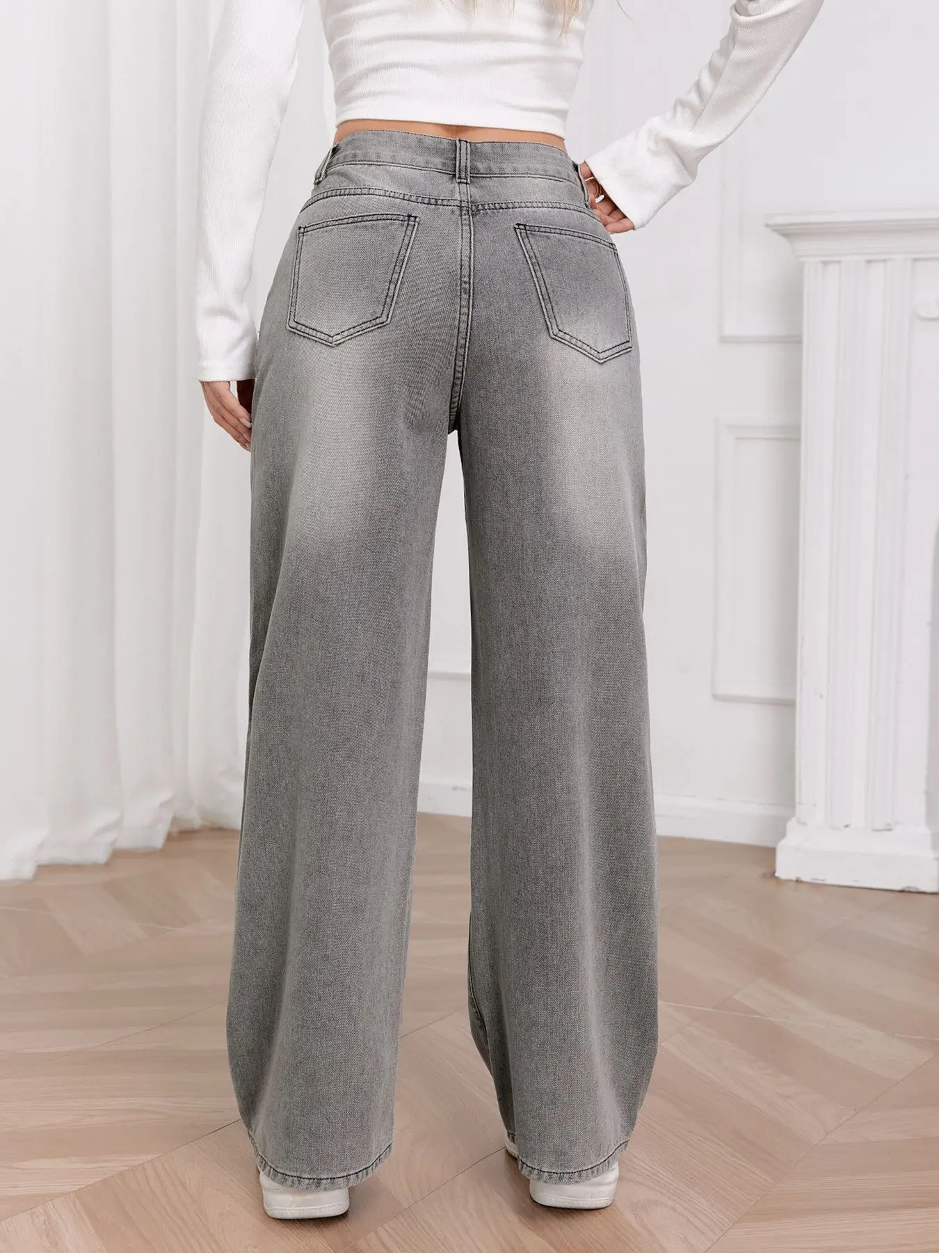 European and N Trend Washed Sky Gray Wide Leg Jeans Women Comfortable Fashion All-around Match Trend Jeans thumbnail 2