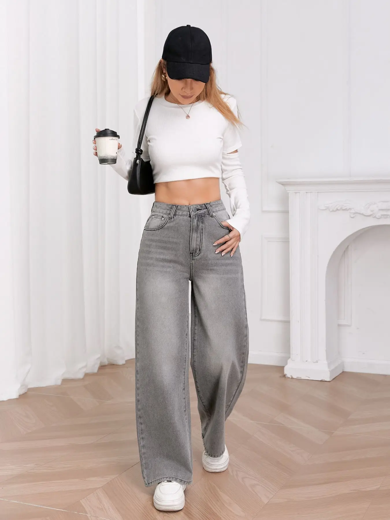 European and N Trend Washed Sky Gray Wide Leg Jeans Women Comfortable Fashion All-around Match Trend Jeans thumbnail 5