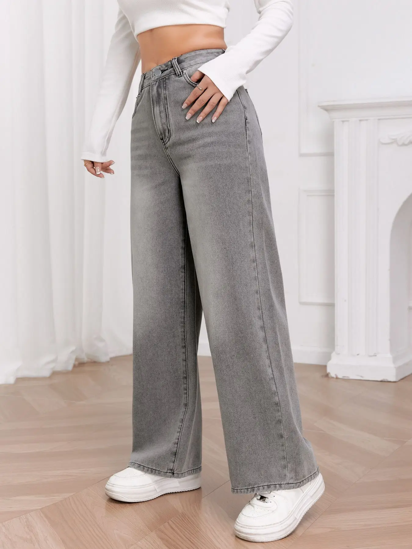 European and N Trend Washed Sky Gray Wide Leg Jeans Women Comfortable Fashion All-around Match Trend Jeans thumbnail 3
