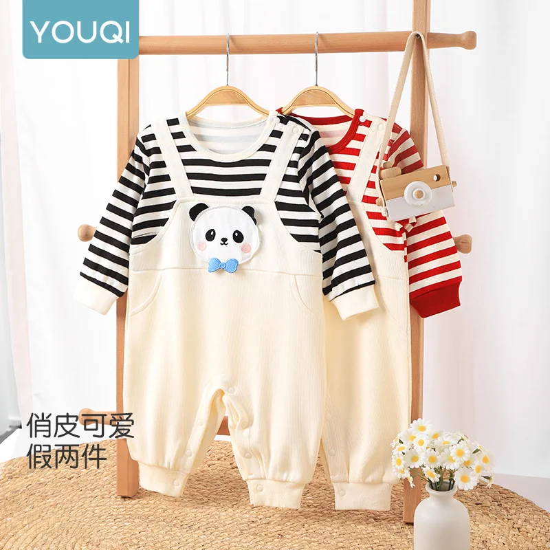 【Youqi】Chinese Baby Clothes Autumn Style Long-Sleeve Romper Fake Two-Piece Suspender Jumpsuit Outdoor Wear Crawling Suit thumbnail 2