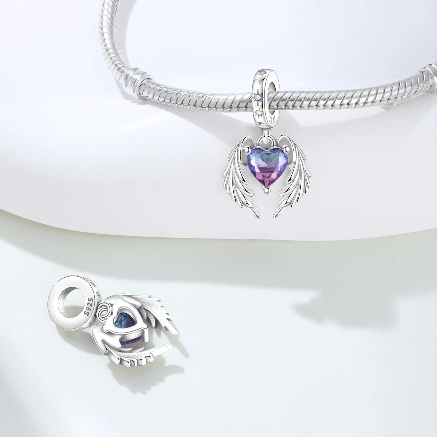 Original Charms Beads 925 Sterling Silver Zircon LOVE Winged Protect Heart Pendant For DIY Necklace Bracelet Fine Jewellery Gift thumbnail 2