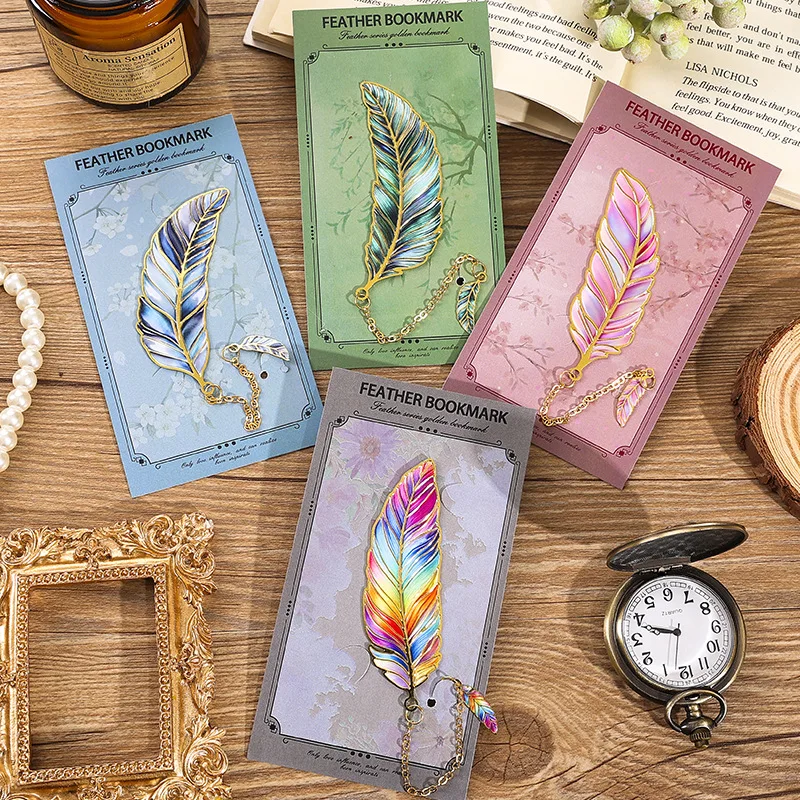 Vintage Feather Gold Stamped Metal Bookmark with Metal Chain Pendant, Exquisite Bookmark, Book Page Divider, Office Stationery thumbnail 3