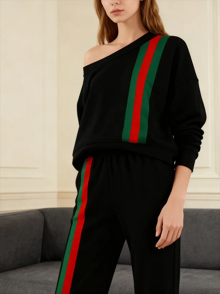 Onecozyday 2026 Spring Stylish Cold-Shoulder Pullover for Women Contrast Color Striped Long Sleeves Loose Fit Shirt Top thumbnail 3