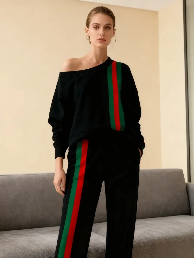 Onecozyday 2026 Spring Stylish Cold-Shoulder Pullover for Women Contrast Color Striped Long Sleeves Loose Fit Shirt Top thumbnail 2