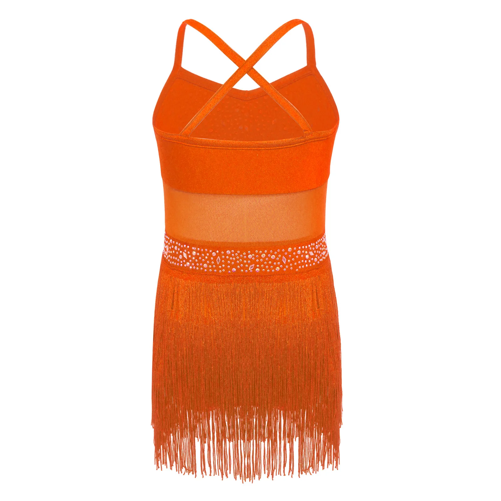 Kids Girls Rhinestone Latin Tango Dance Leotard Dress Sheer Mesh Patchwork Tiered Tassel Fringed Bodysuit Jazz Salsa Dance Dress thumbnail 4