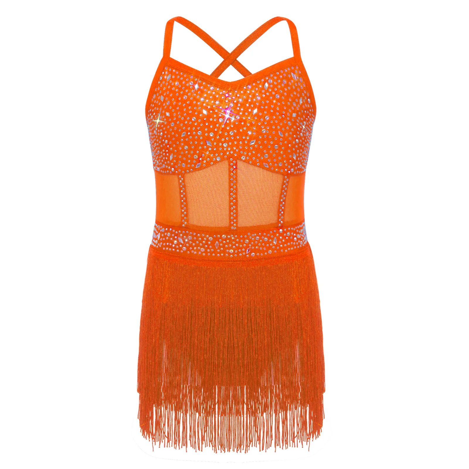 Kids Girls Rhinestone Latin Tango Dance Leotard Dress Sheer Mesh Patchwork Tiered Tassel Fringed Bodysuit Jazz Salsa Dance Dress thumbnail 3