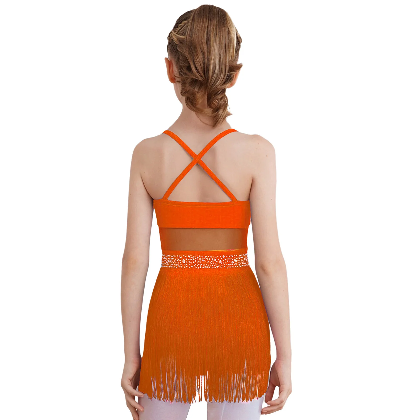 Kids Girls Rhinestone Latin Tango Dance Leotard Dress Sheer Mesh Patchwork Tiered Tassel Fringed Bodysuit Jazz Salsa Dance Dress thumbnail 2