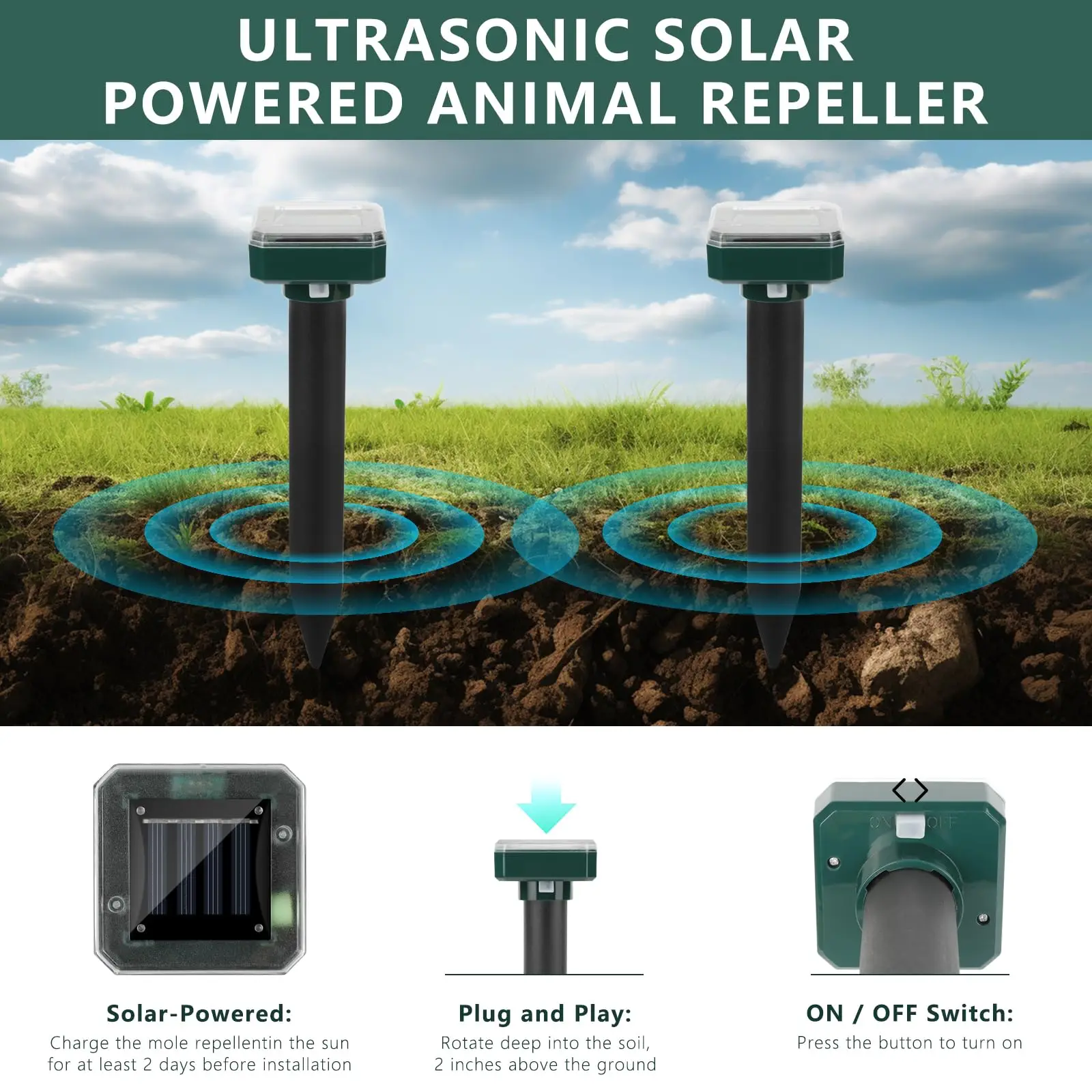 Solar Powered Ultrasonic Mole Repellent, Waterproof Sonic Spikes for Garden Yard, Repels Moles Voles Gophers Snakes Chipmunks thumbnail 5