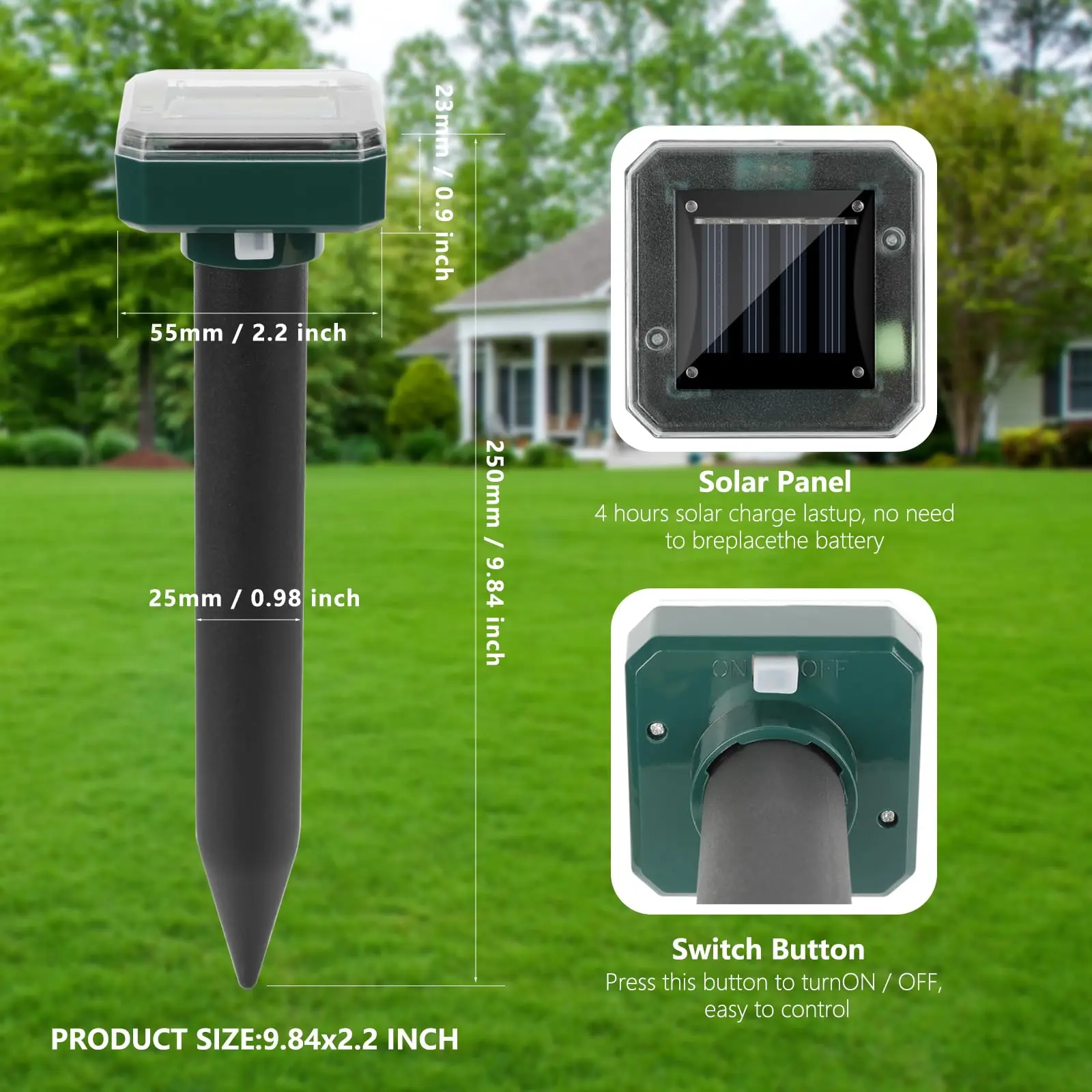 Solar Powered Ultrasonic Mole Repellent, Waterproof Sonic Spikes for Garden Yard, Repels Moles Voles Gophers Snakes Chipmunks thumbnail 2