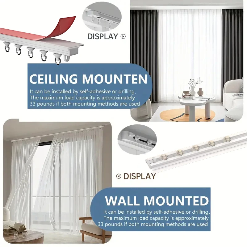 Ultra Thin Self-adhesive Curtain Track Set No Drilling Silent Sliding Rail Ceiling Or Wall Installation For Bathroom Cabinets Ro thumbnail 4