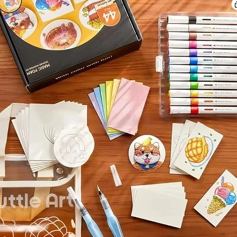 With Drawing Pens Magics Texture Painting Kit with 10 Foam Paint Paper 12 Markers DIY Bubble Drawing Pens for Painting Art Craft thumbnail 2