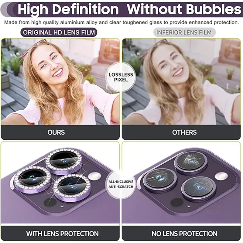 Glitter Camera Lens Protector For iPhone 15 Pro Max 14 11 12 13 Mini 9H Tempered Glass Screen Protector Cover Film Metal Ring thumbnail 4