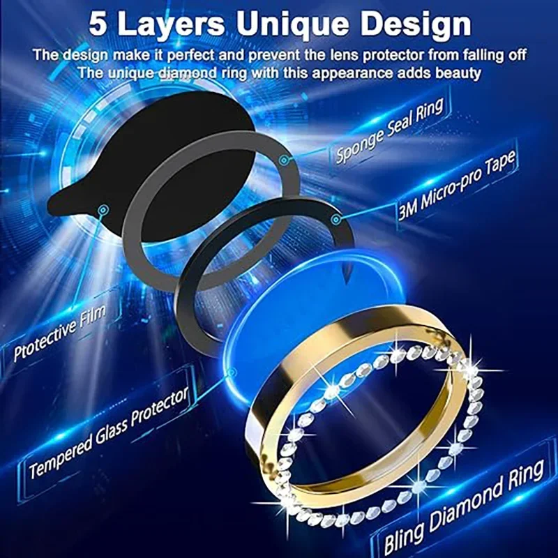 Glitter Camera Lens Protector For iPhone 15 Pro Max 14 11 12 13 Mini 9H Tempered Glass Screen Protector Cover Film Metal Ring thumbnail 2