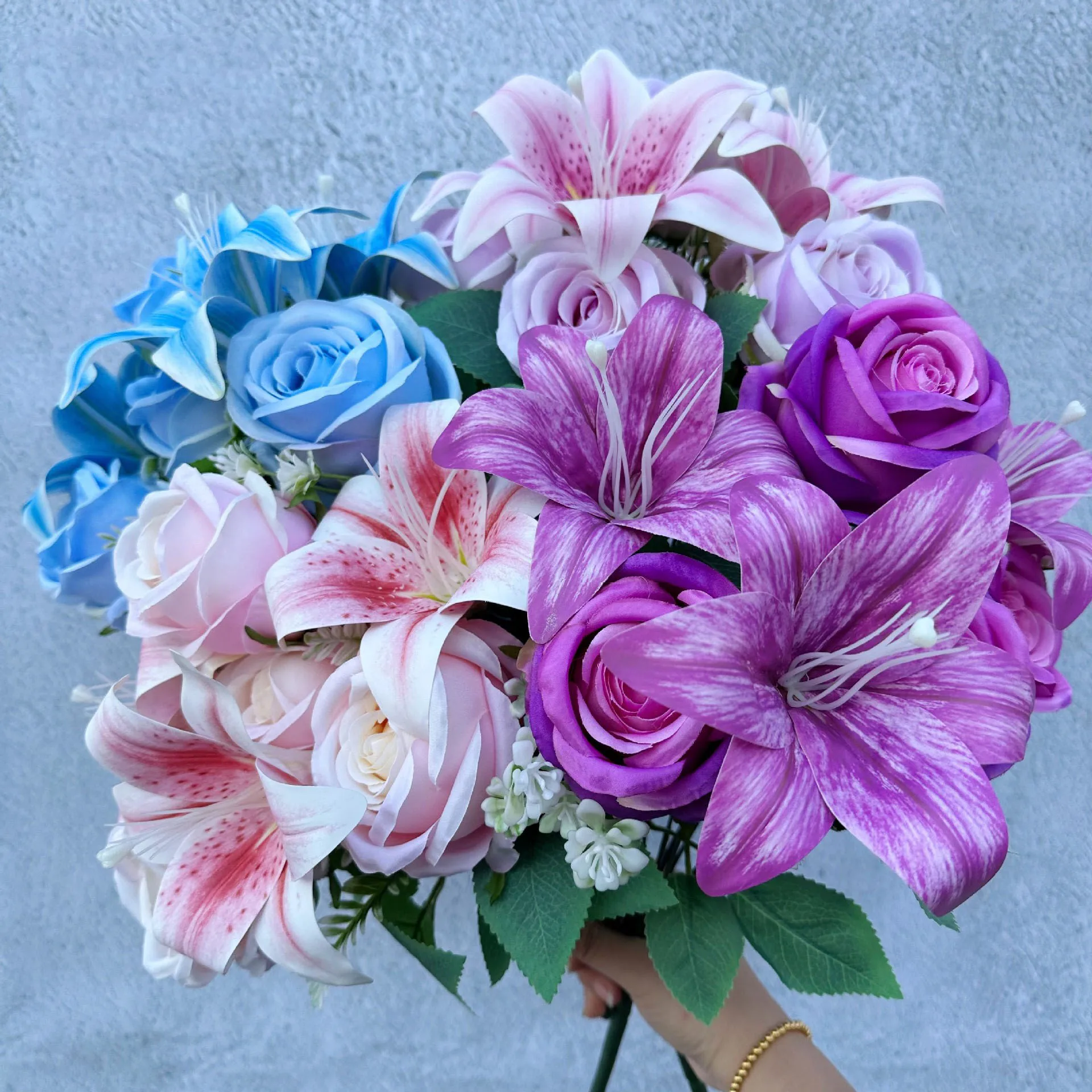 Spring Color Bouquet: 9-Stem Mixed Roses & Lilies with  Roses - Fresh Cut Flowers for Home Decor, Wedding, Anniversary, Gift-G thumbnail 2