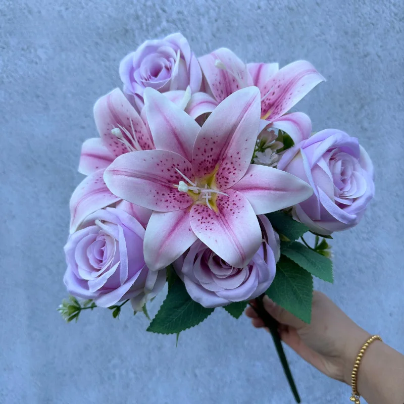 Spring Color Bouquet: 9-Stem Mixed Roses & Lilies with  Roses - Fresh Cut Flowers for Home Decor, Wedding, Anniversary, Gift-G thumbnail 3