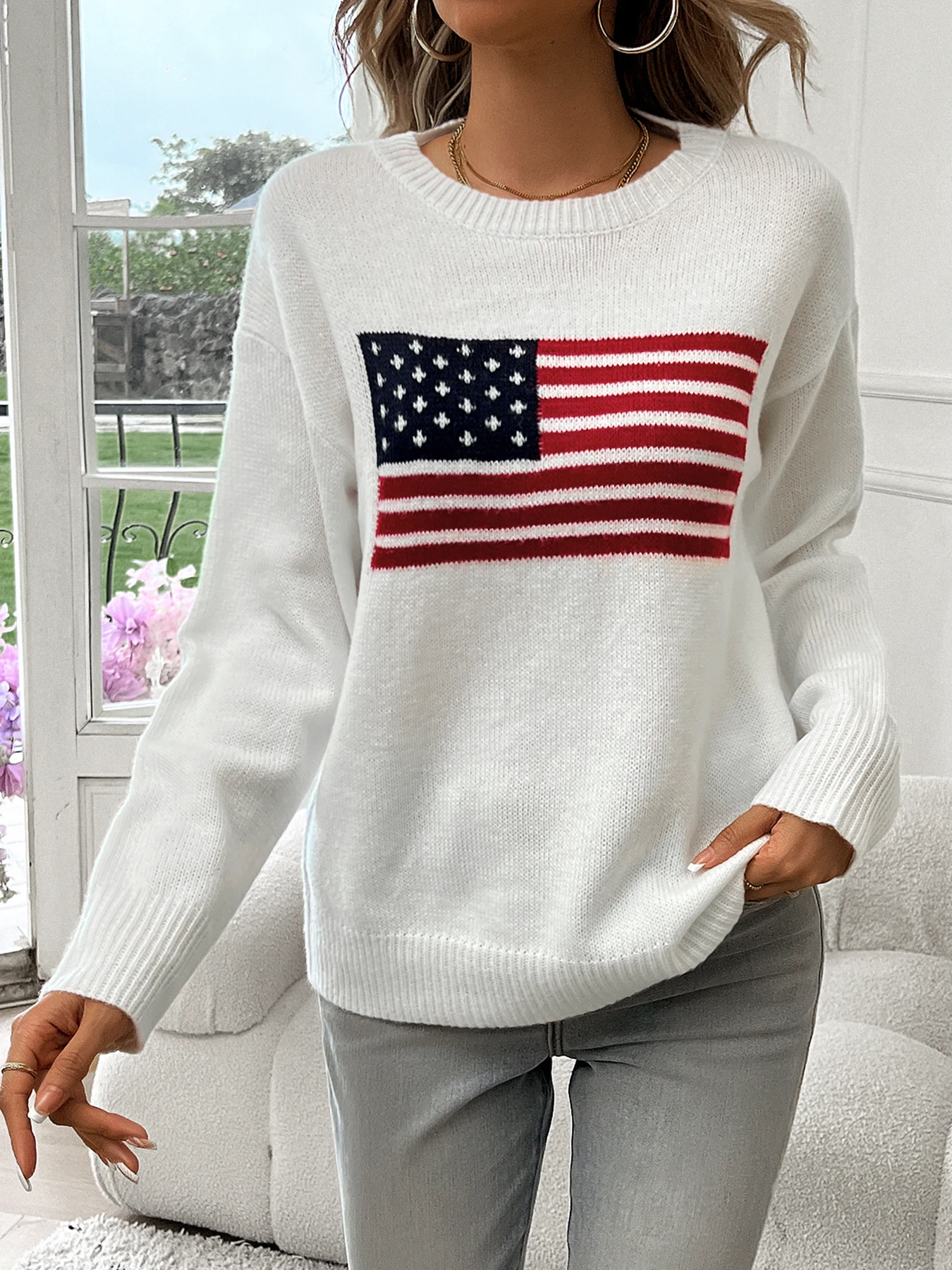 American Flag Crew Neck Long Sleeve Pullover Women's Sweater thumbnail 6