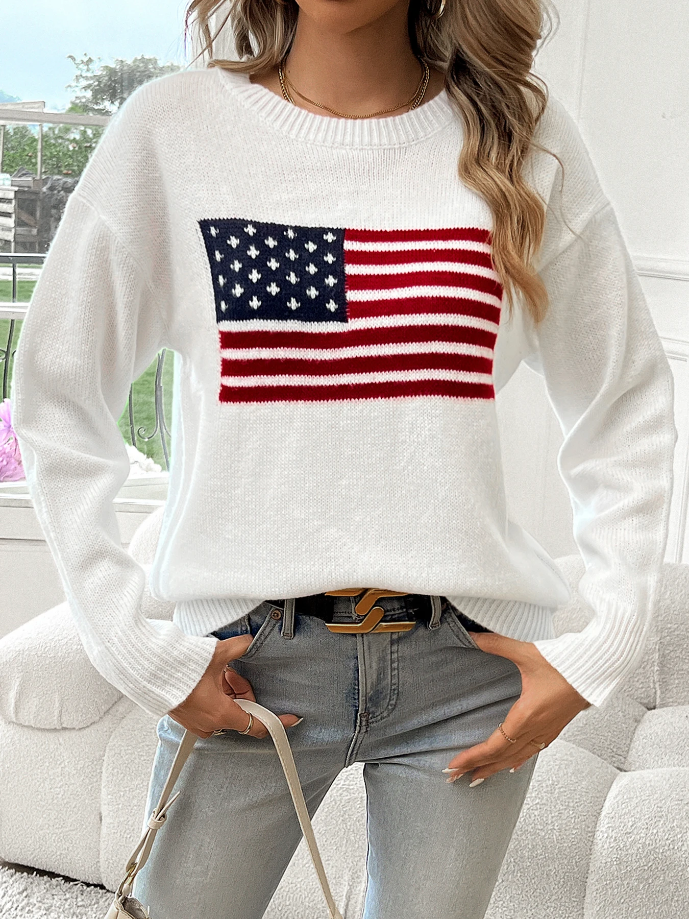 American Flag Crew Neck Long Sleeve Pullover Women's Sweater thumbnail 5