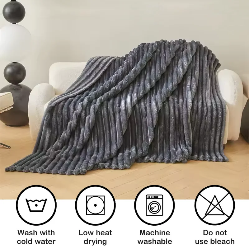 1pc Throw Blanket for Bed - 250GSM Soft & Warm Fluffy Blanket, Decorative Striped Blankets for Winter  Nap / Sleep thumbnail 3