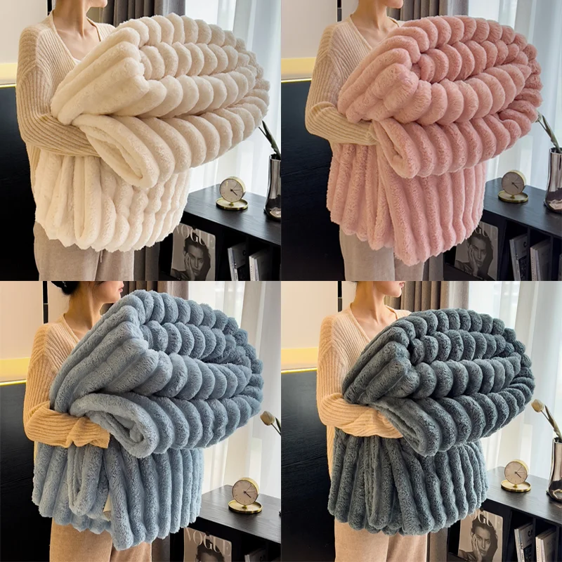 1pc Throw Blanket for Bed - 250GSM Soft & Warm Fluffy Blanket, Decorative Striped Blankets for Winter  Nap / Sleep thumbnail 4