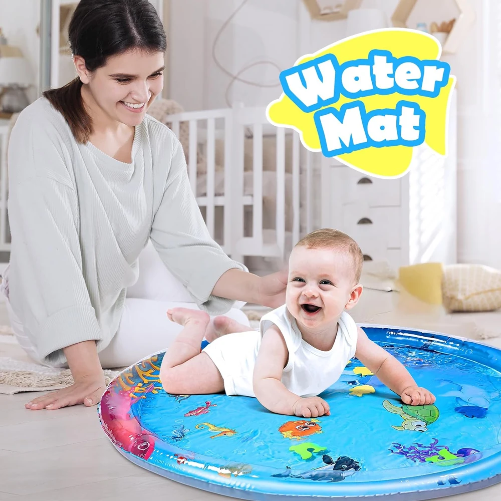 96cm/37.8inch Circular Dolphin Inflatable PVC Baby Playing Water Mat Toddler Pad Kids Early Education Tummy Time Activity Toy