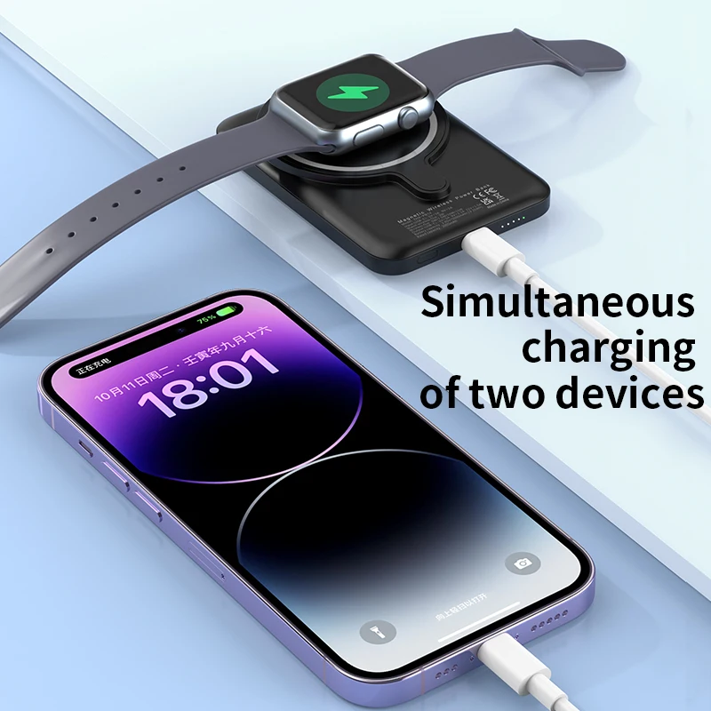 Portable Magnetic Power Bank 5000mAh 3-in-1 Wireless 15W Fast Charing Battery for iPhone 17 16 15 14 13 12 Pro Watch Airpods thumbnail 2