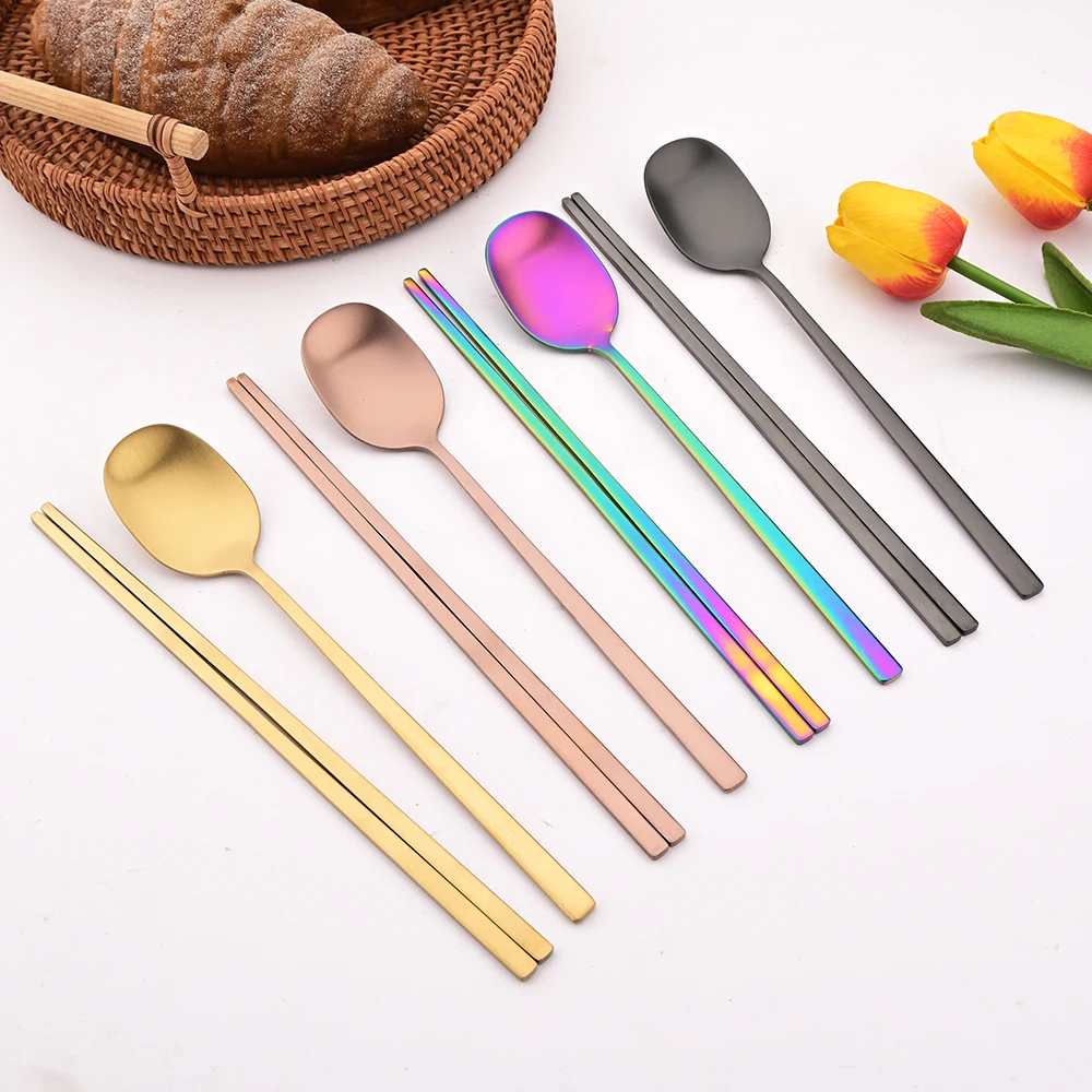 8Pcs Green Silver Dinnerware Dinner Spoons Chopsticks Cutlery Set Stainless Steel Tableware Sets Kitchen Home Flatware Set thumbnail 2