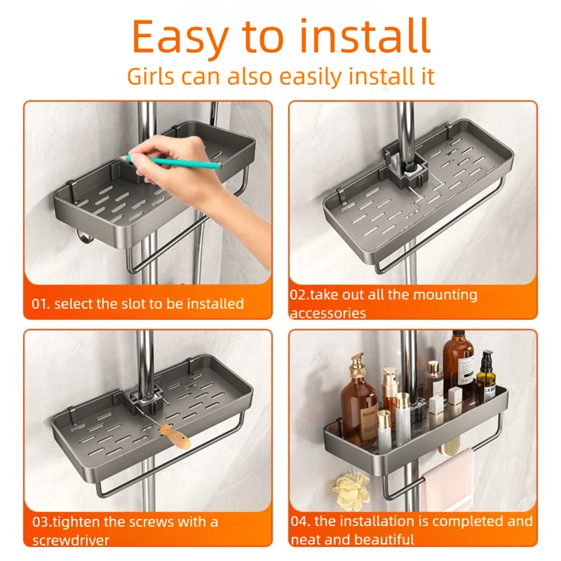 YM No-Drill Installation Bathroom Showerhead Storage Rack Tray Rain Shower Rod Holder Lift Bracket for Bathroom Organization thumbnail 6