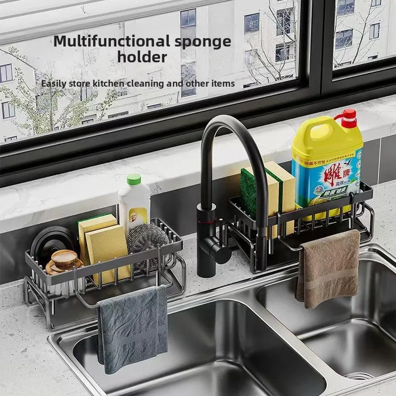 Kitchen Sponge Holder Drain Rack Sink Organizer for Dish Cloth Scrubber Storage with Hanging Hook thumbnail 2