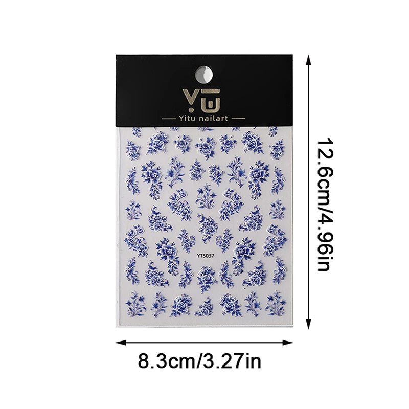 Blue White Porcelain Chinese Style Sticker 3D Self Adhesive Nail Art Sticker Flower Silverback Adhesive Manicure Decal Salon DIY thumbnail 6